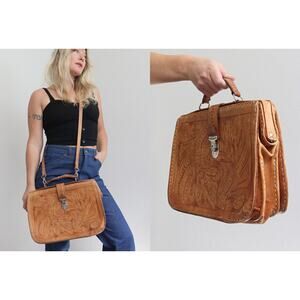 1990's Vintage Handcrafted Leather Tooled Sergio's Briefcase Top Handle Purse